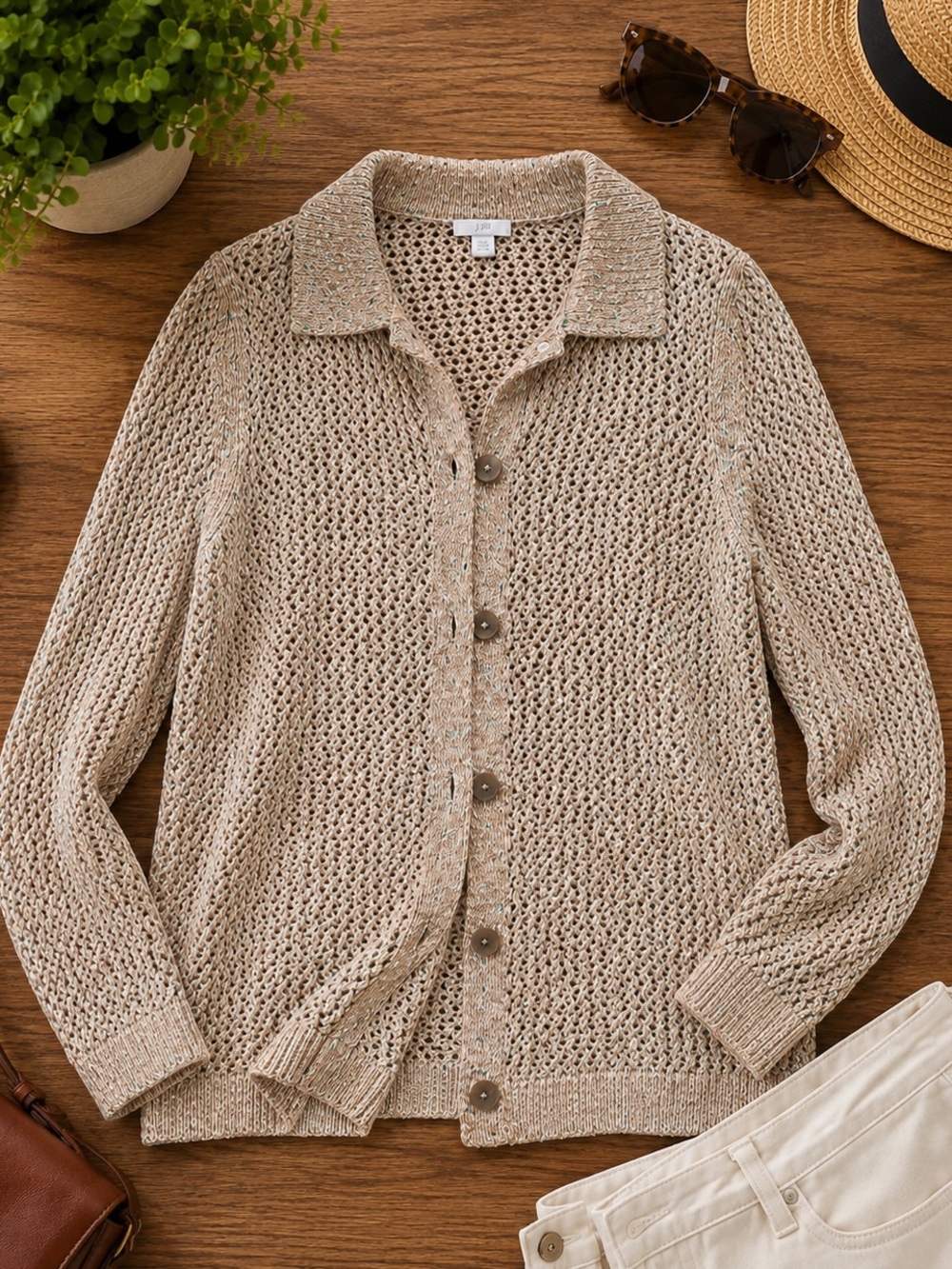 J. Jill Women's Open-Knit Button Cardigan in Light Beige